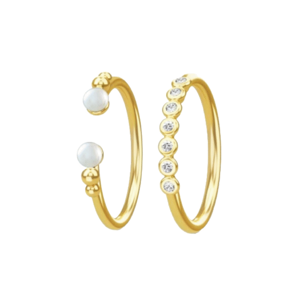 Sensation open pearl ring GP – stacking ring i 18 kt forgyldt sølv med hvide ferskvandsperler og klare sten fra Spinning Jewelry