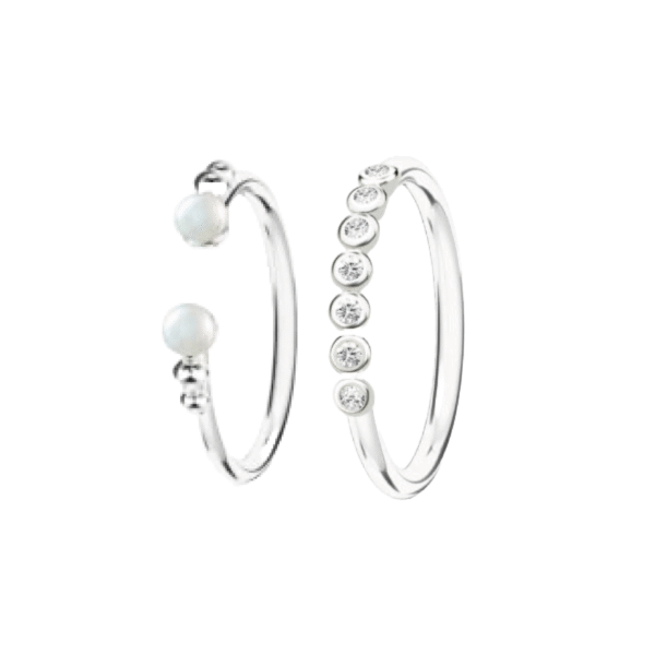 Sensation open pearl ring RH – stacking ringe i rhodineret sølv med ferskvandsperler og klare sten fra Spinning Jewelry