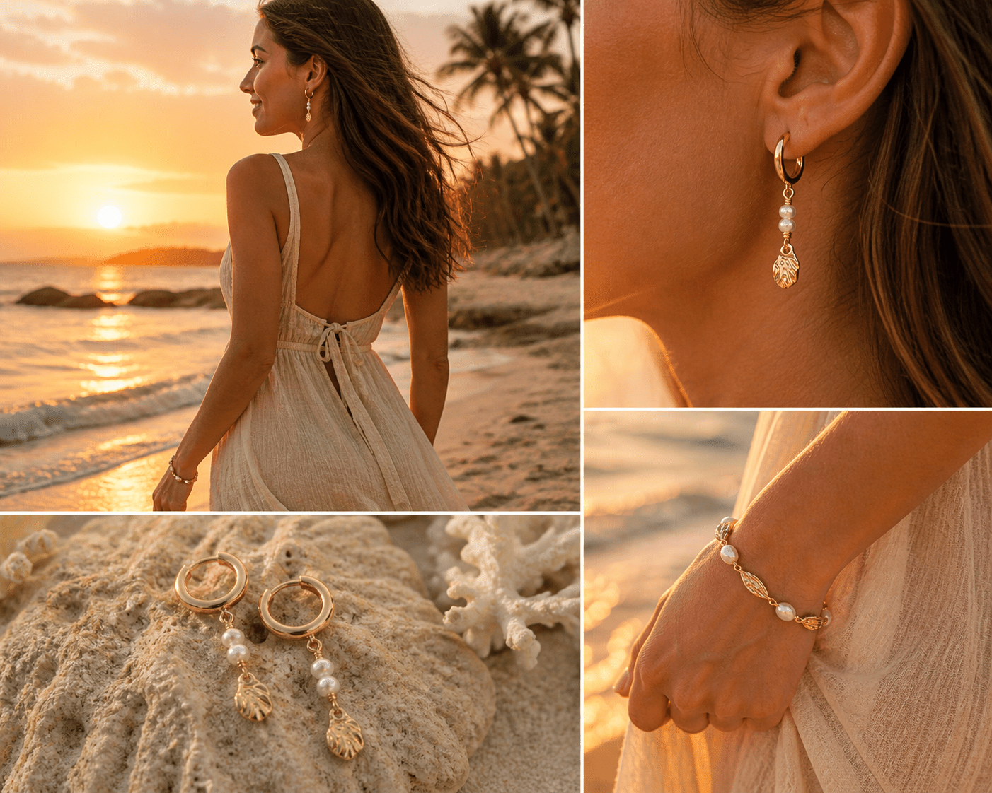 Golden Reef Bracelet 2 Golden Reef Earrings og Bracelet fra Spinning Jewelry – forgyldte smykker med perler vist i collage ved strand i solnedgang med palmer og varm sommerstemning