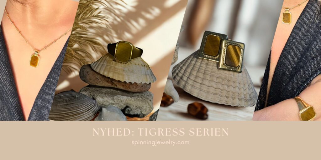 Tigress Serien fra Spinning Jewelry – unisex 18 kt forgyldte smykker med Tigerøje, inkl. halskæde, ring og øreringe præsenteret i naturligt, varmt lys.