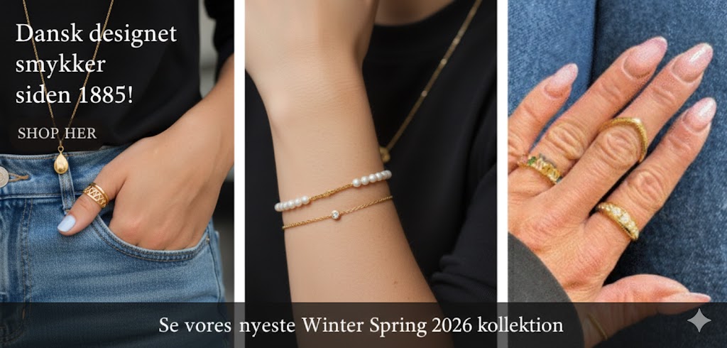 FORSIDE - Dansk designede guldsmykker fra Spinning Jewelry Winter Spring 2026 kollektion med detaljer af guldringe, halskæde med dråbeformet vedhæng og elegante armbånd.