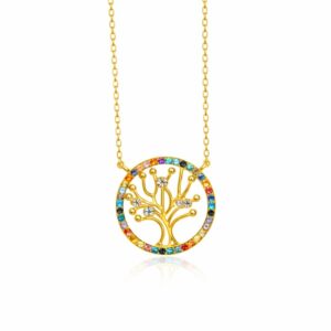 Dream Tree halskæde GP i 18 kt forgyldt sølv med livets træ og farvede zirkonia fra Spinning Jewelry