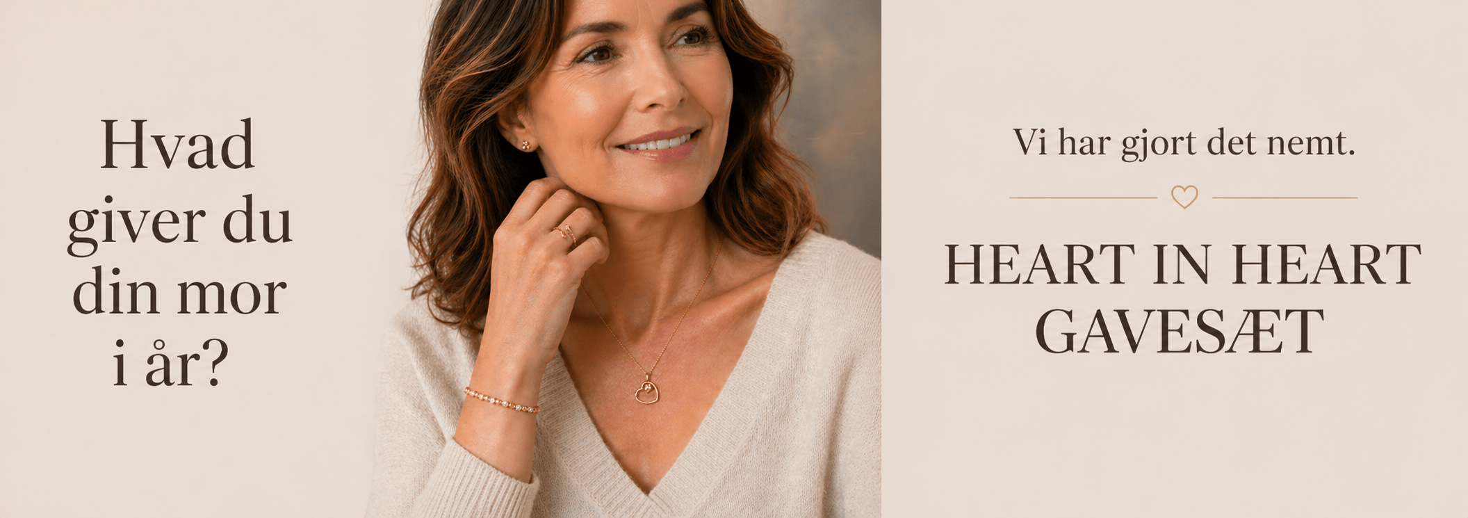 Mors Dag banner fra Spinning Jewelry med Heart in Heart gavesæt og model iført halskæde i forgyldt sølv